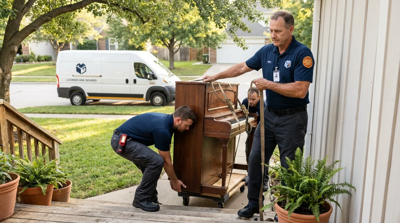 Licensed piano movers securing grand piano in Valley Center, KS