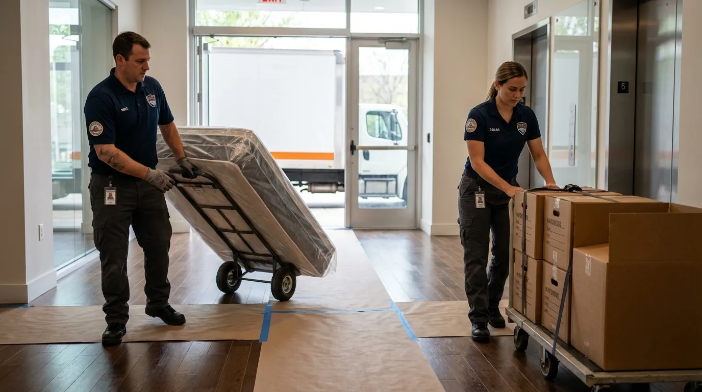 Professional apartment movers loading elevator in Valley Center, KS