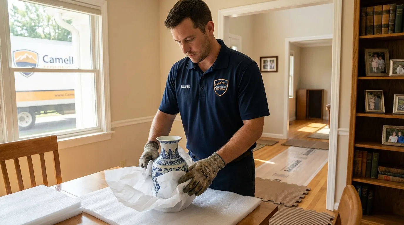 Professional crew carefully wrapping antique vase for senior downsizing move in Valley Center, KS